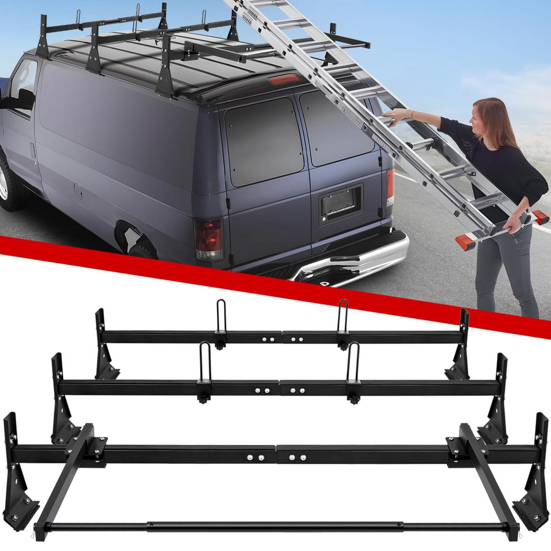 Van Ladder Roof Racks with Rear Roller, 3 Bars Adjustable Van Roof Rack with Ladder Stoppers, Fit Chevy Express Fullsize Van 1996-Up,Suitable for Vans with Rain Gutter only,800LB Load-Capacity