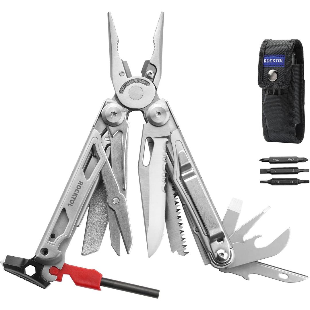 Multitool, 22-in-1 Multi-tool Pliers with Fire Starter, Emergency Whistle, Glass Breaker, Safety Locking and Nylon Sheath for Survival, Camping, multitool for men