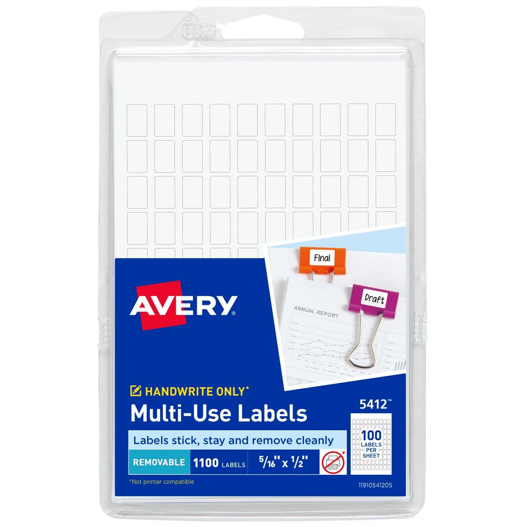 Avery Multi-Use Removable Labels, 5/16" x 1/2", White, Non-Printable, 1,100 Blank Labels Total (5412)