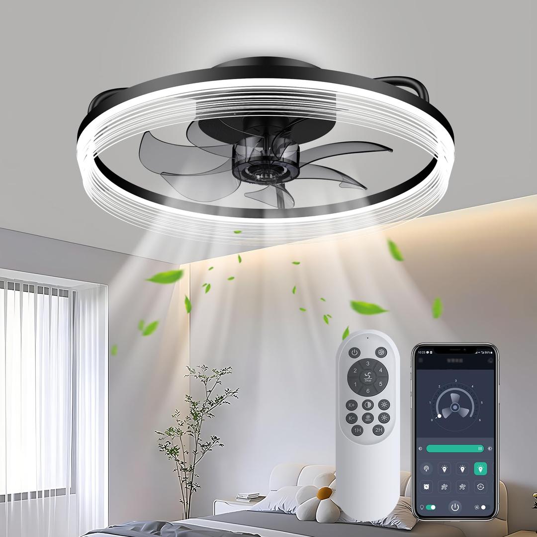 Low Profile Ceiling Fan with Light - Flush Mount Ceiling Fan with Remote App Control 20 Inch Black Bedroom Ceiling Fan with Light Dimmable LED Modern Bladeless Ceiling Fan for Living Room