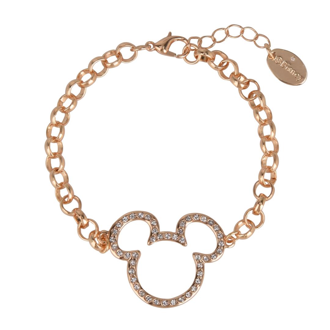 DisneyMickey Mouse Silhouette Chain Link Bracelet, Jewelry Gift Box, Gold Tone Enamel with Pave Stone Accent, 7" length