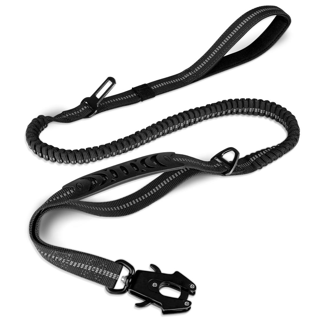 JoytaleTactical Dog Leash Heavy Duty,4-6FT Shock Absorbing Bungee Dog Leash with 2 Padded Handle,Metal Carabiner Clip,Car Seatbelt,Strong No Pull Dog Leash for Medium Large X-Large Dogs,Black