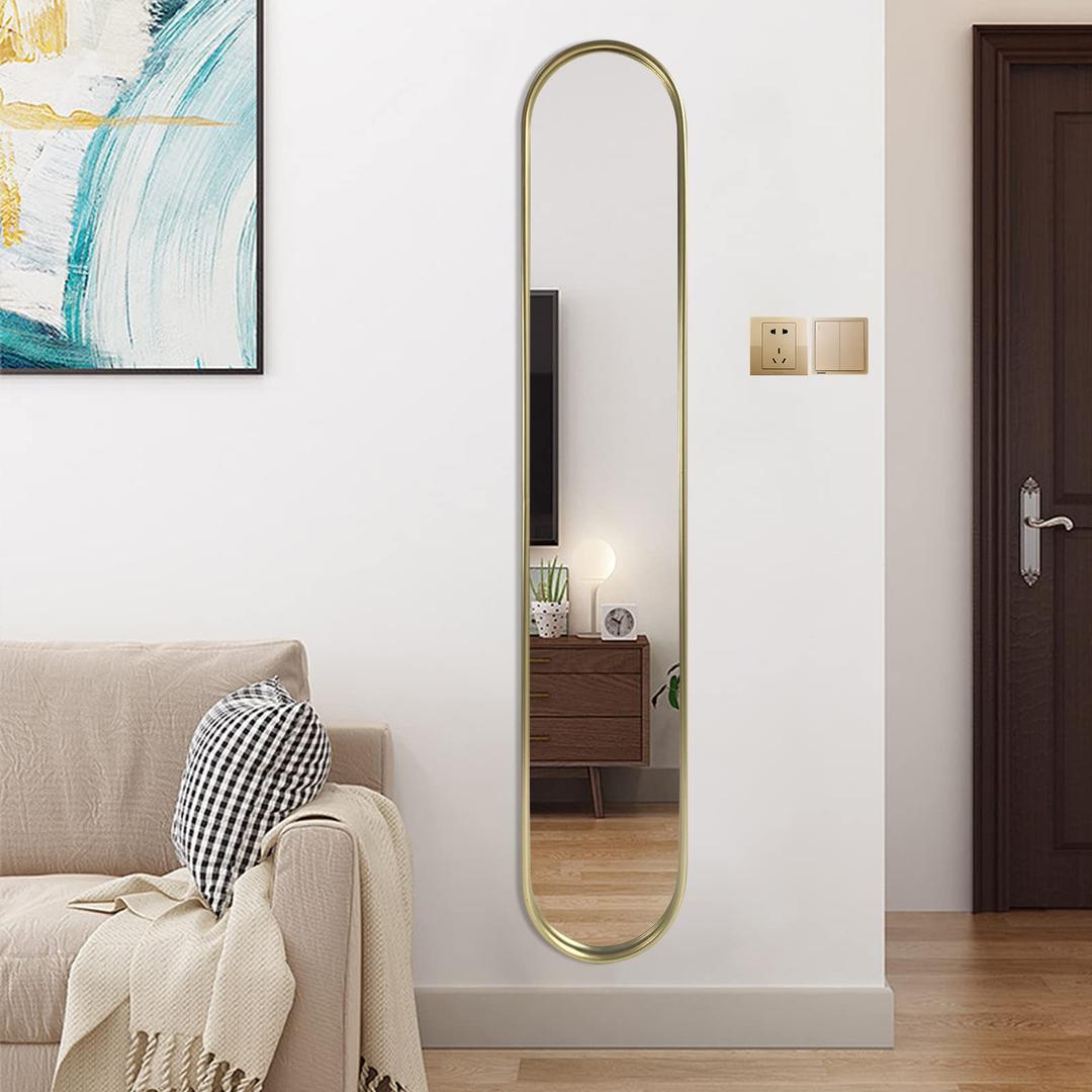 OUSHUAI Gold Full Length Oval Mirror,Narrow Capsule Wall Mirror,Long Mirror with Metal Frame for Entryway,Hallway,Living Room 44"X8" (1pc)