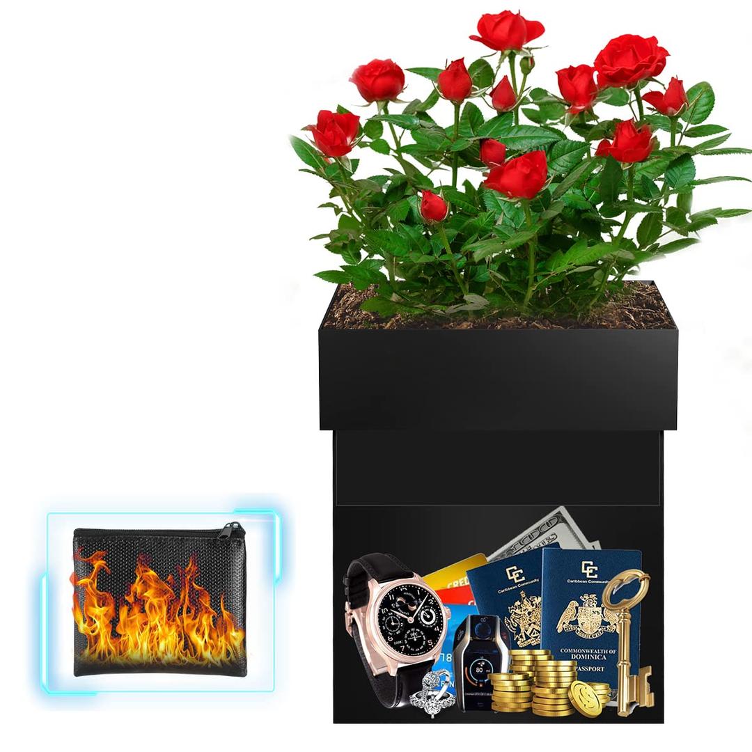 Fireresistant Steel Flower Pot Diversion Safe with Fireproof Money Bag and Lock,Secret Hidden Safe Lock Box,Hiding The Valuables Inside Flower Pot’s False Bottom,Plants Not Include(Black)