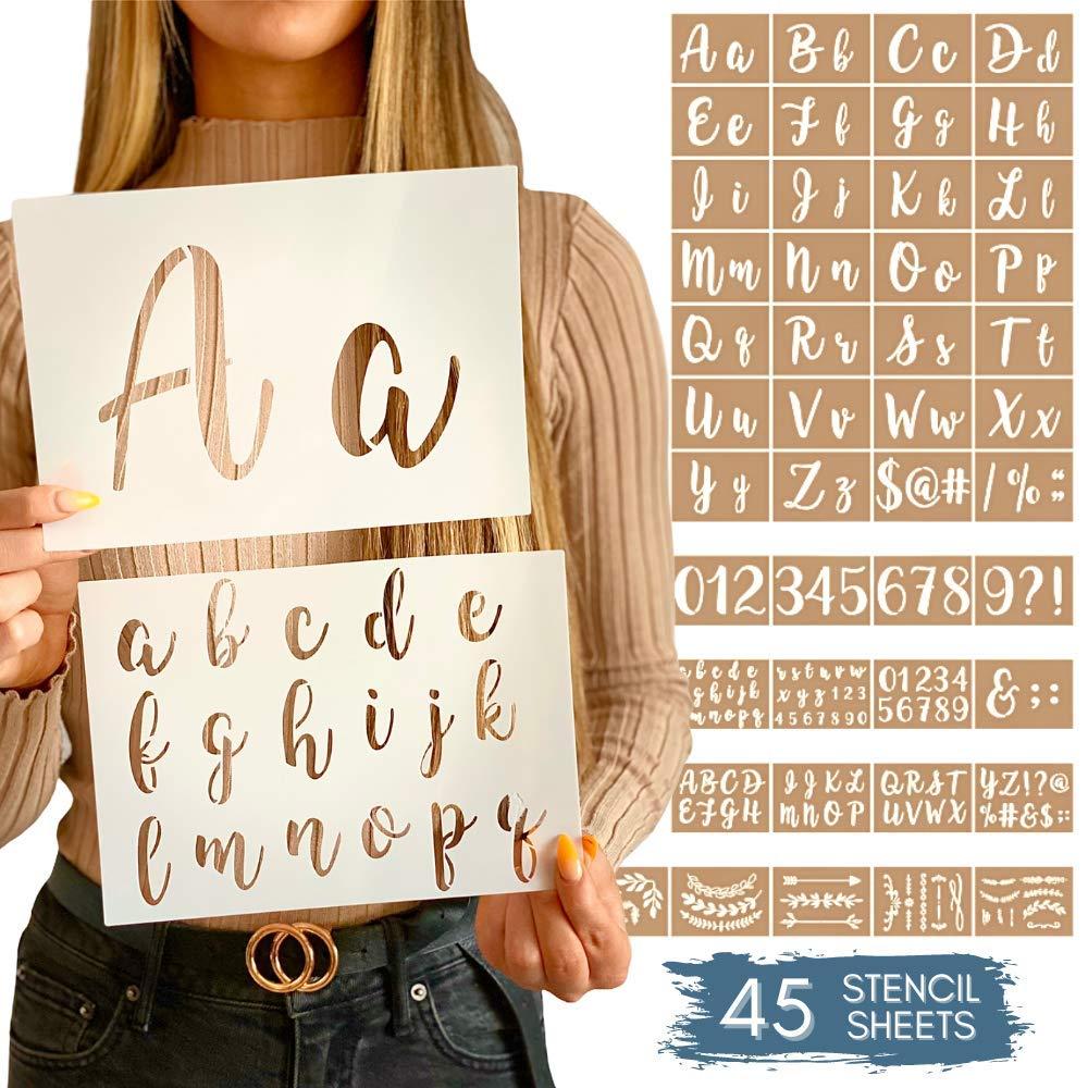 Boutique Calligraphy Stencil Template Kit - 45 Reusable Pieces Includes Lettering Upper and Lowercase both Large Small, Numbers, Punctuation, Laurels Flowers For Arts Crafts Painting Wood