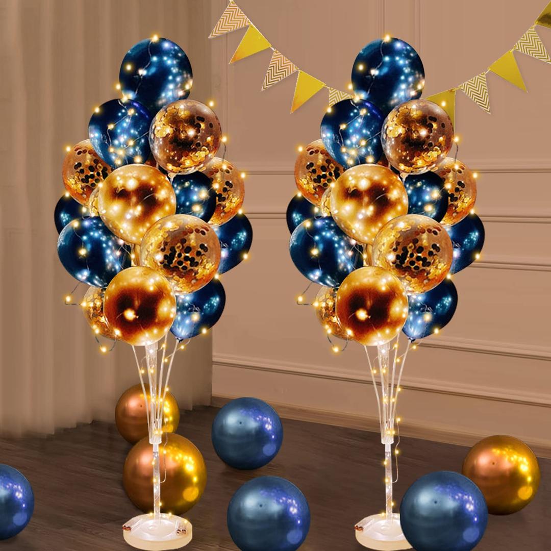 Balloon Stand Kit for Floor with String Light 2 Set Rolay Blue and Gold Balloon Centerpieces Holder for Wedding Adult Men Birthday Bachelor Party Decoration