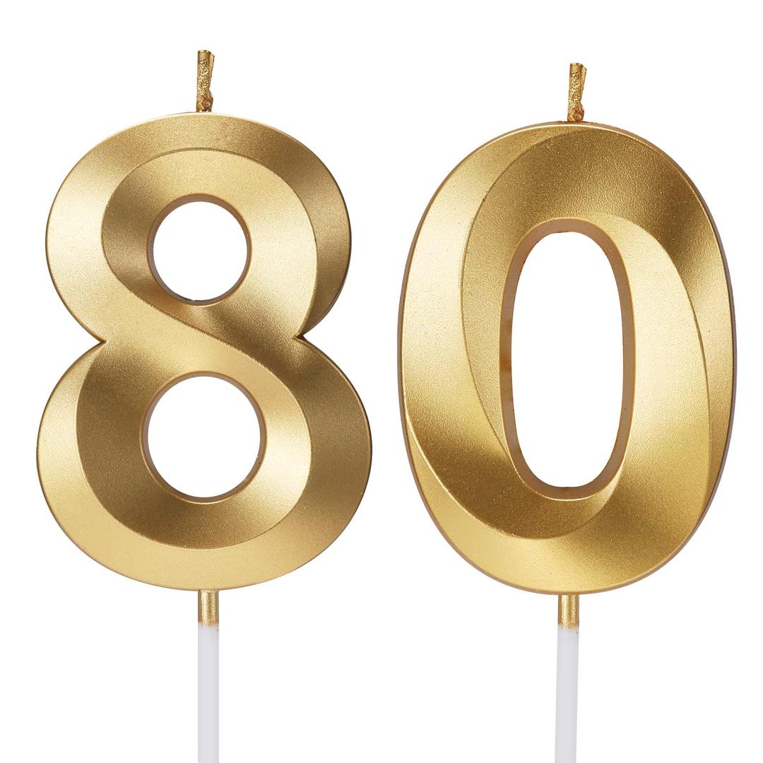 80th Birthday Candles Numbers for Cakes Candle Happy Eightieth Birthday 3D Designed Wedding Anniversary Party Cake Topper Decorations (80, Gold)