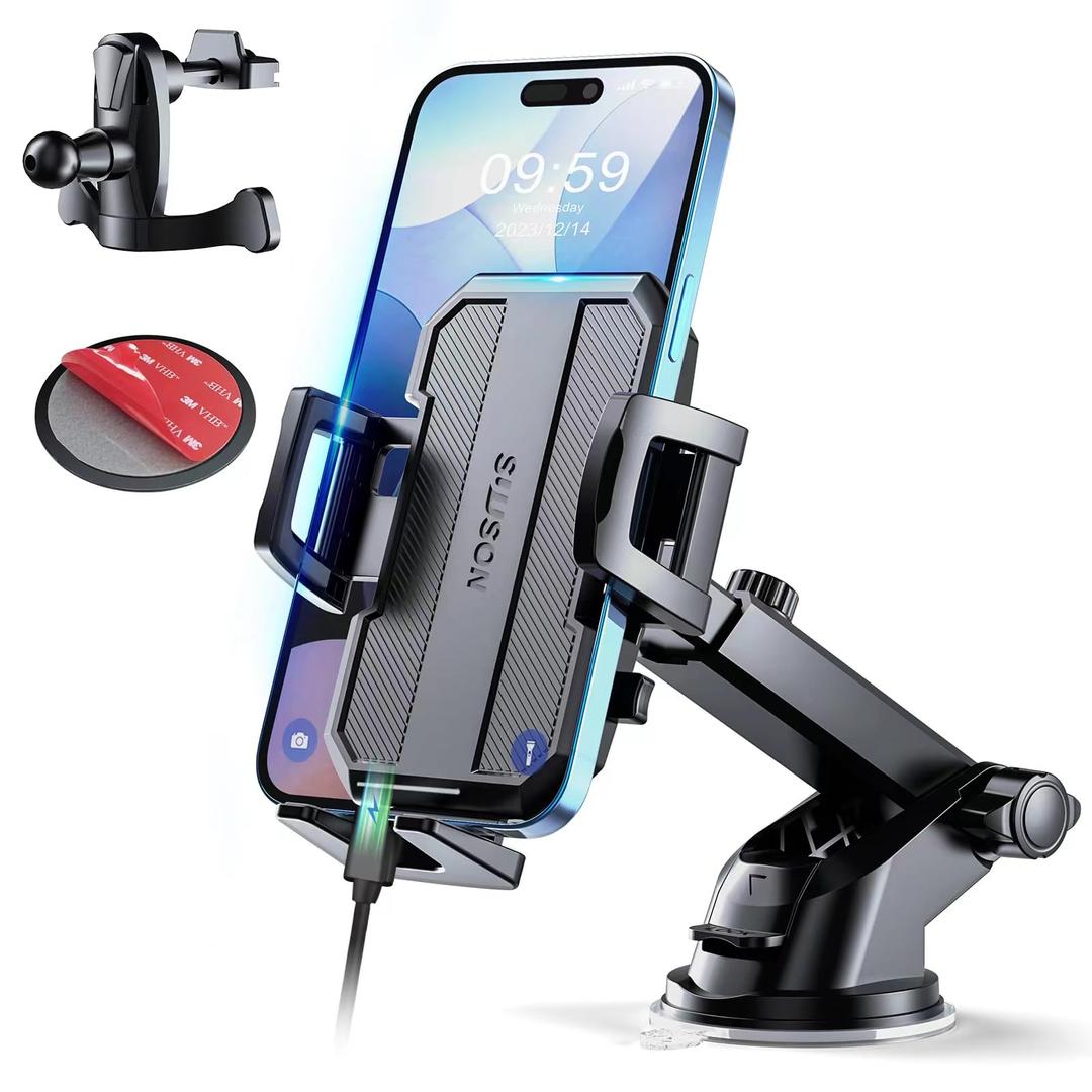 Upgraded 3-in-1 Car Phone Holder Mount [Powerful Suction] Phone Mount for Car Dashboard Air Vent Windshield,for All iPhone Android Phone (Black)