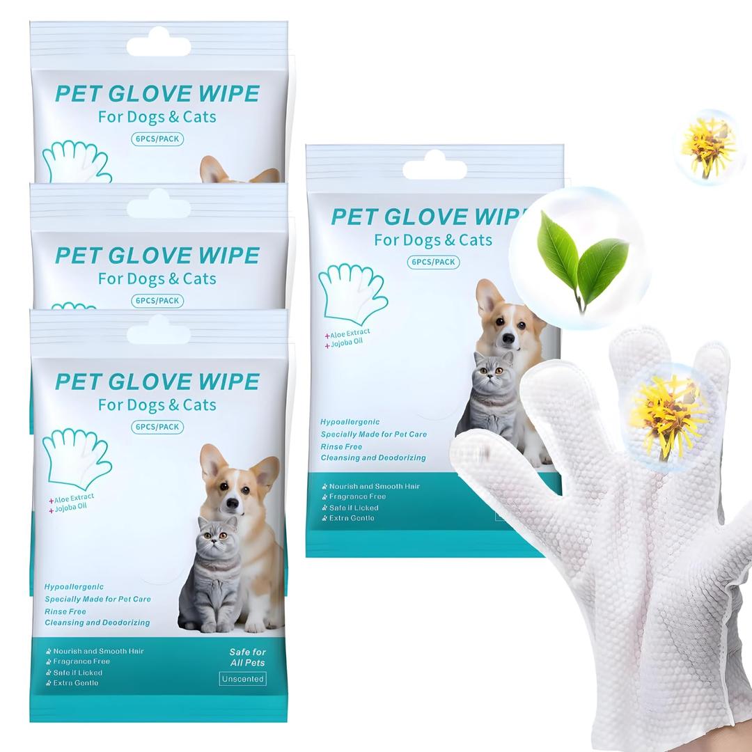 Jiashuiwin Pet Bathing Wipes for Dogs & Cats, Cleaning & Deodorizing Grooming Gloves, Nourish Fur Glove Wipes for Daily Care and Traveling, Rinse Free 4 Pack, 24 PCS