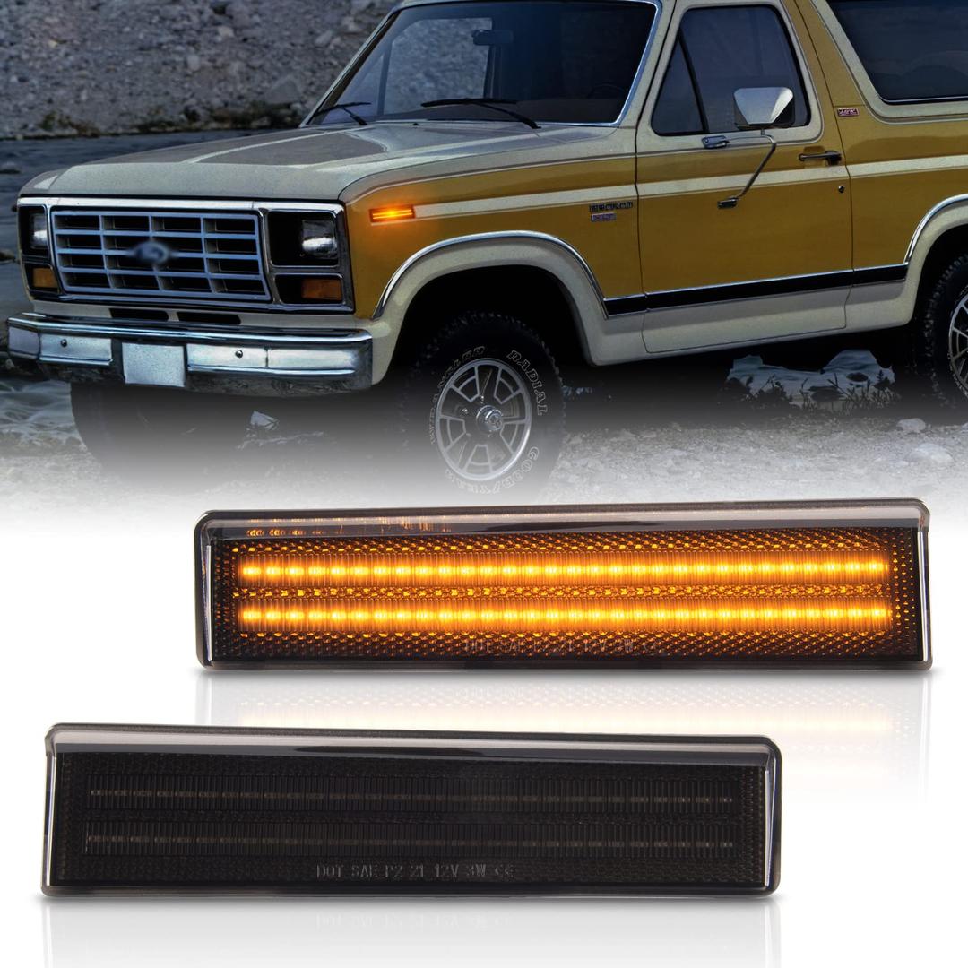 Led Front Side Marker Lights for 1980-1986 Ford Bronco & 1980-1986 Ford F150 F250 F350 Pickup Truck SUV Bumper Lamps Smoked Len, 2PCS