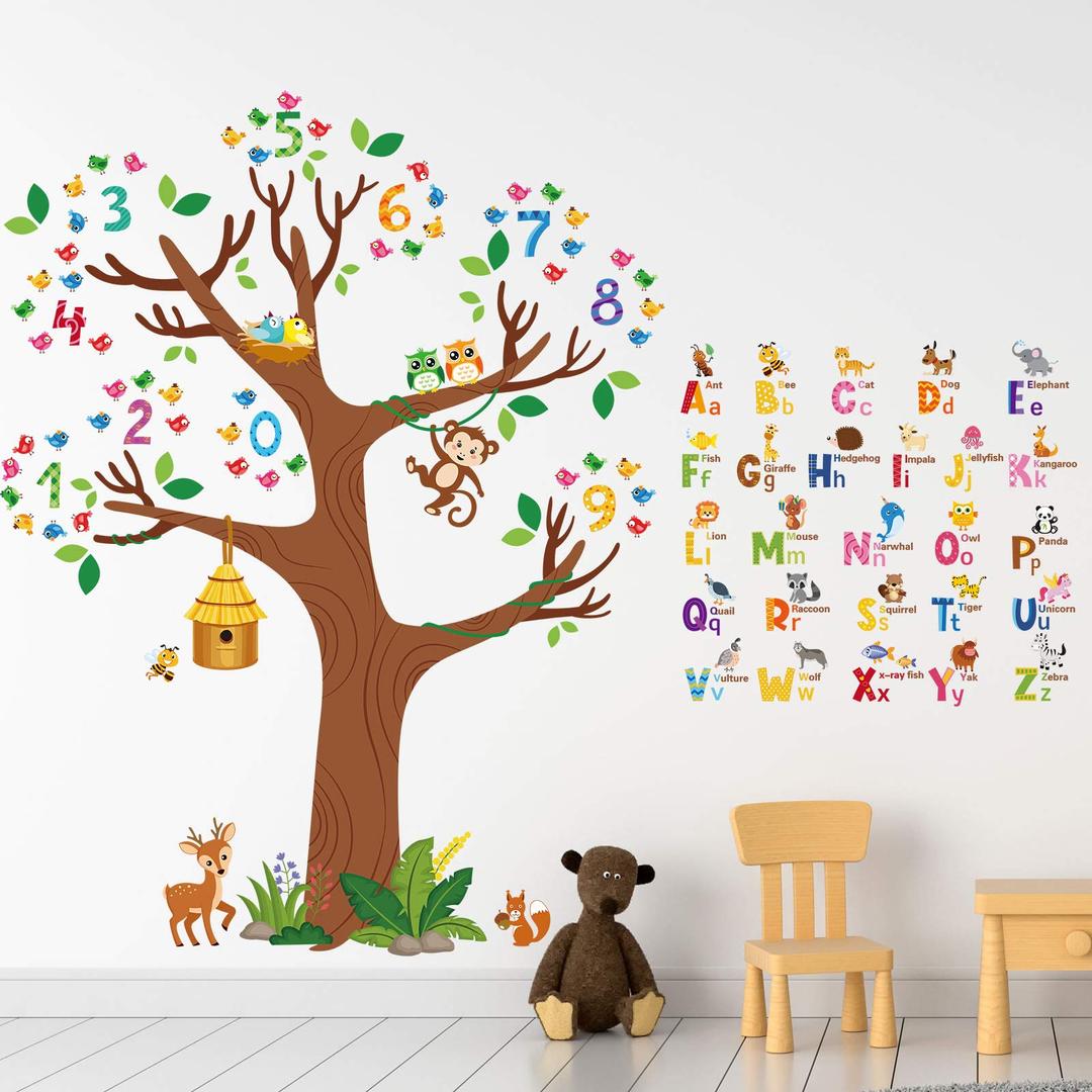 Zonon3 Sheets Animal Alphabet and Numbers Tree Wall Decals Learning ABC Letters Birds Numbers Peel and Stick Wall Decals Home Bedroom Playroom Nursery Home Wall Decor