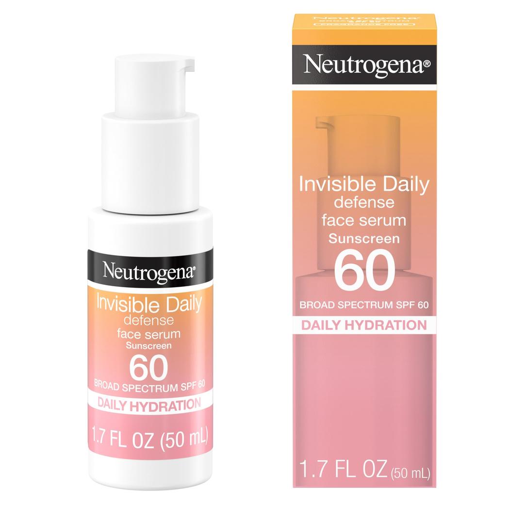 NeutrogenaInvisible Daily Defense Face Sunscreen + Hydrating Serum with Broad Spectrum SPF 60 & Antioxidants to Help Skin Glow, Oil-Free, Fragrance Free, 1.7 fl. oz