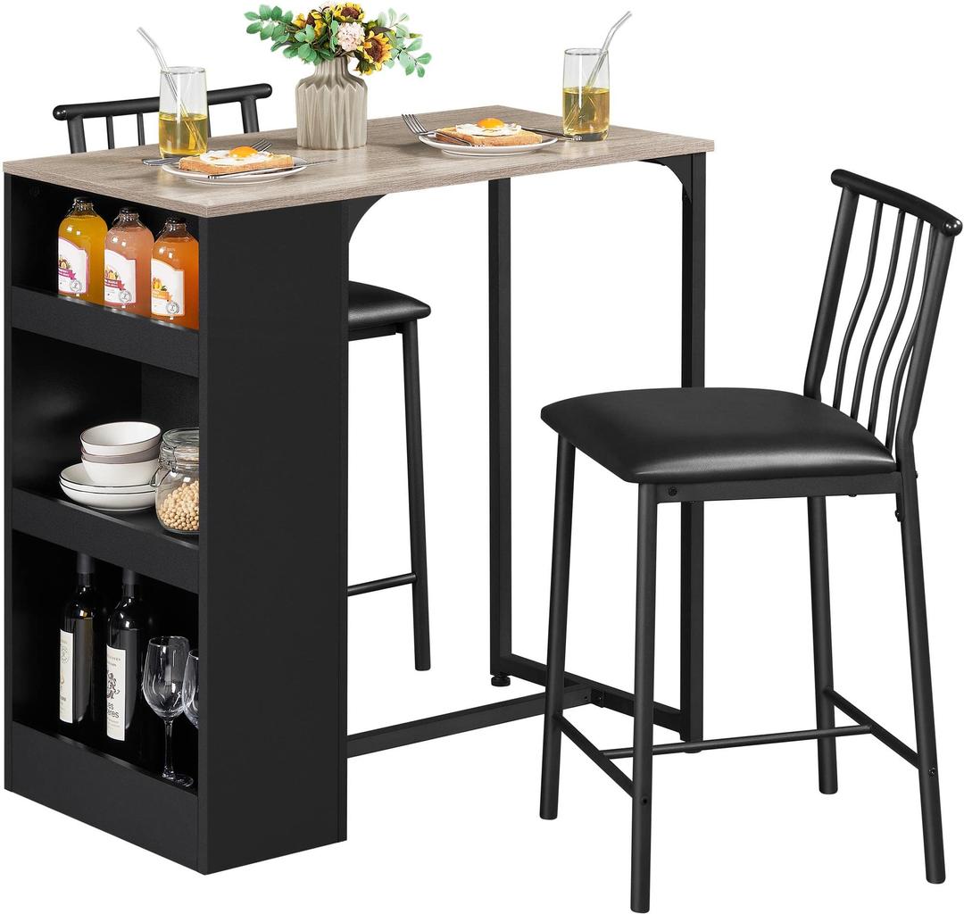 Yaheetech3-Piece Dining Table Set, Counter Height Bar Table Set for 2, Compact Kitchen Table Set with 3-Layer Side Storage Shelf for Kitchen Small Space, Black/Gray