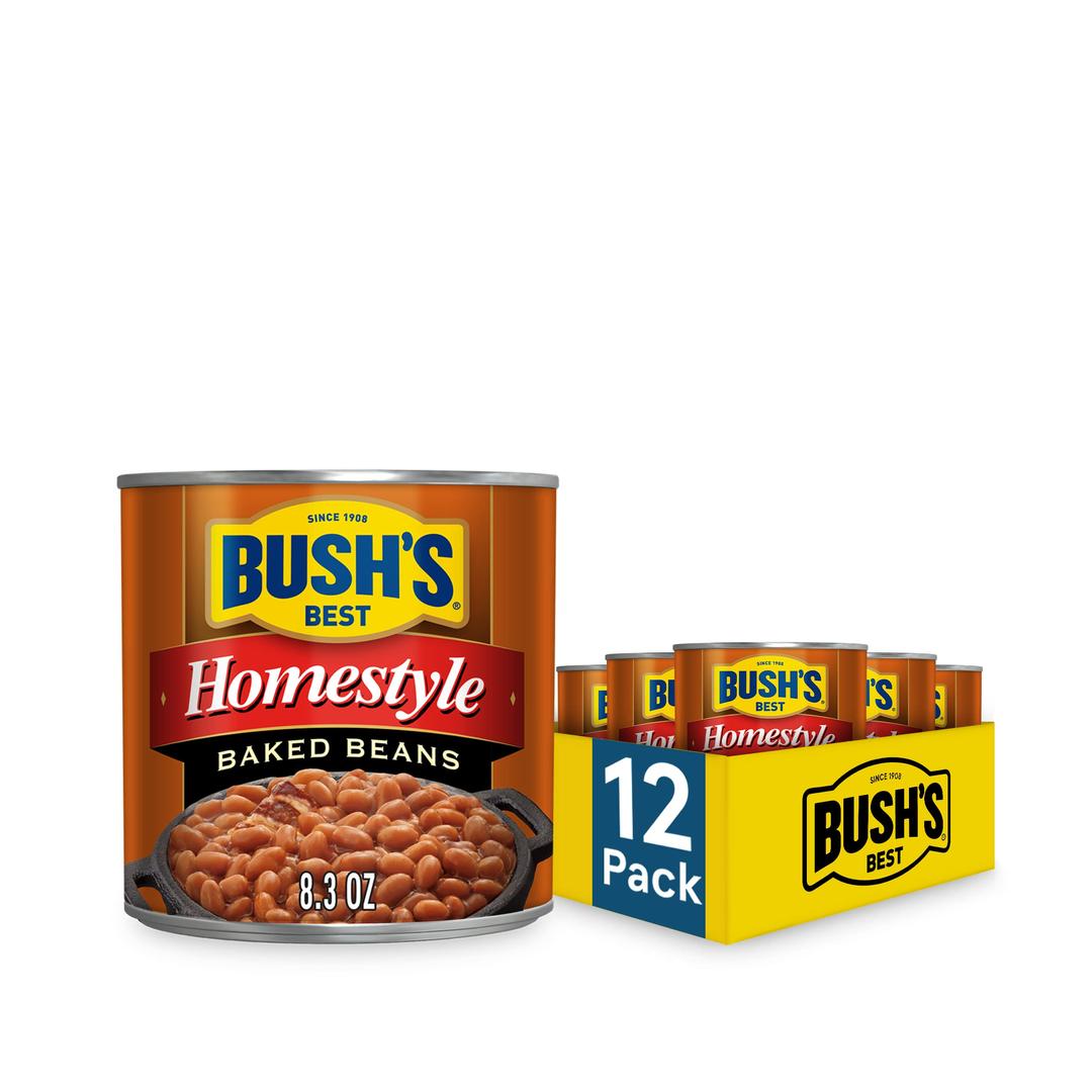 BUSH'S BEST 8.3 oz Canned Homestyle Baked Beans, Source of Plant Based Protein and Fiber, Low Fat, Gluten Free, (Pack of 12)