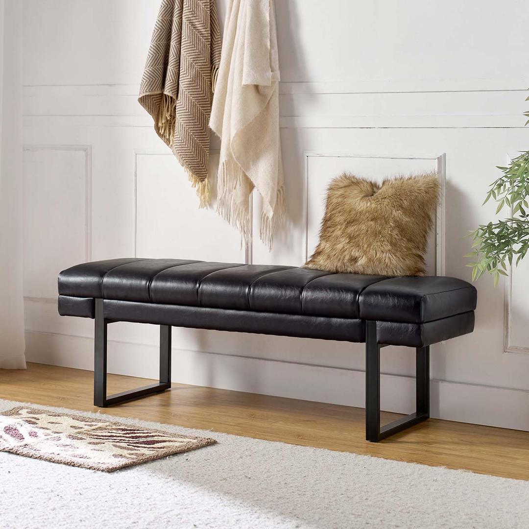 HULALA HOME 53" Button Tufted Ottoman Bench Faux Leather Upholstered Bedroom Bench Padded End of Bed Bench with Metal Base Mid-Century Dining Table Bench Long Shoe Bench for Living Room Entryway,BLACK