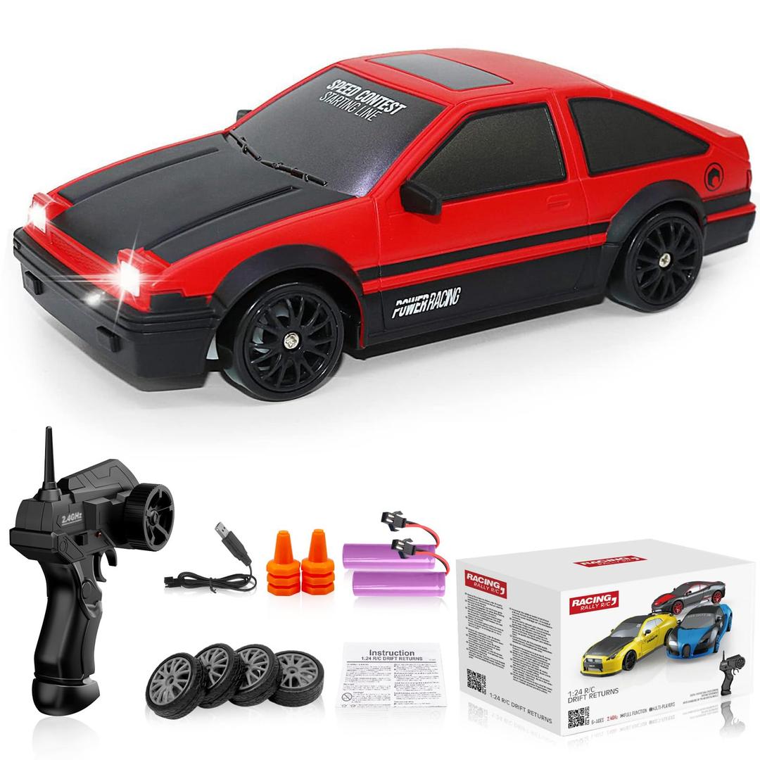 Remote Control Car RC Drift 2.4GHz 1:24 Scale 4WD 15KM/H High Speed Model Vehicle with LED Lights Drifting Tire Racing Sport Toy for Adults Boys Girls Kids Gift 2Pcs Rechargeable Batteries