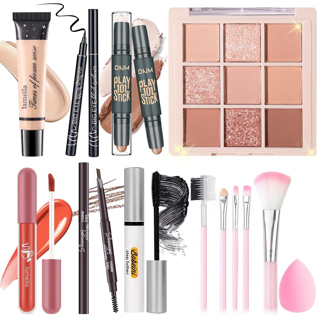 Makeup Set Kit for Women Girls Teens, Makeup Present Set, Includes 9 Color Eyeshadow, Counter Stick, Foundation, Eyebrow Pencil, Eyeliner, Mascara, Lip Gloss, 5Pcs Brushes, Sponge