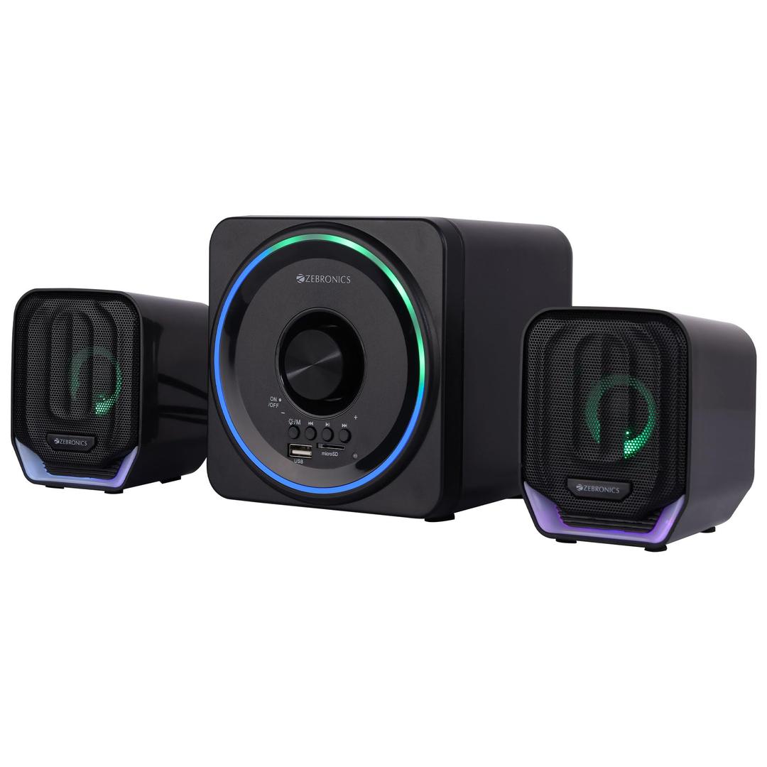 ZEBRONICS Pluto 2-2.1 Channel Desktop Speaker with 15 watts Output, Bluetooth 5.0, USB, mSD, FM, 3.5mm Jack Line Input, Inbuilt Volume Control, USB Powered, RGB Lights