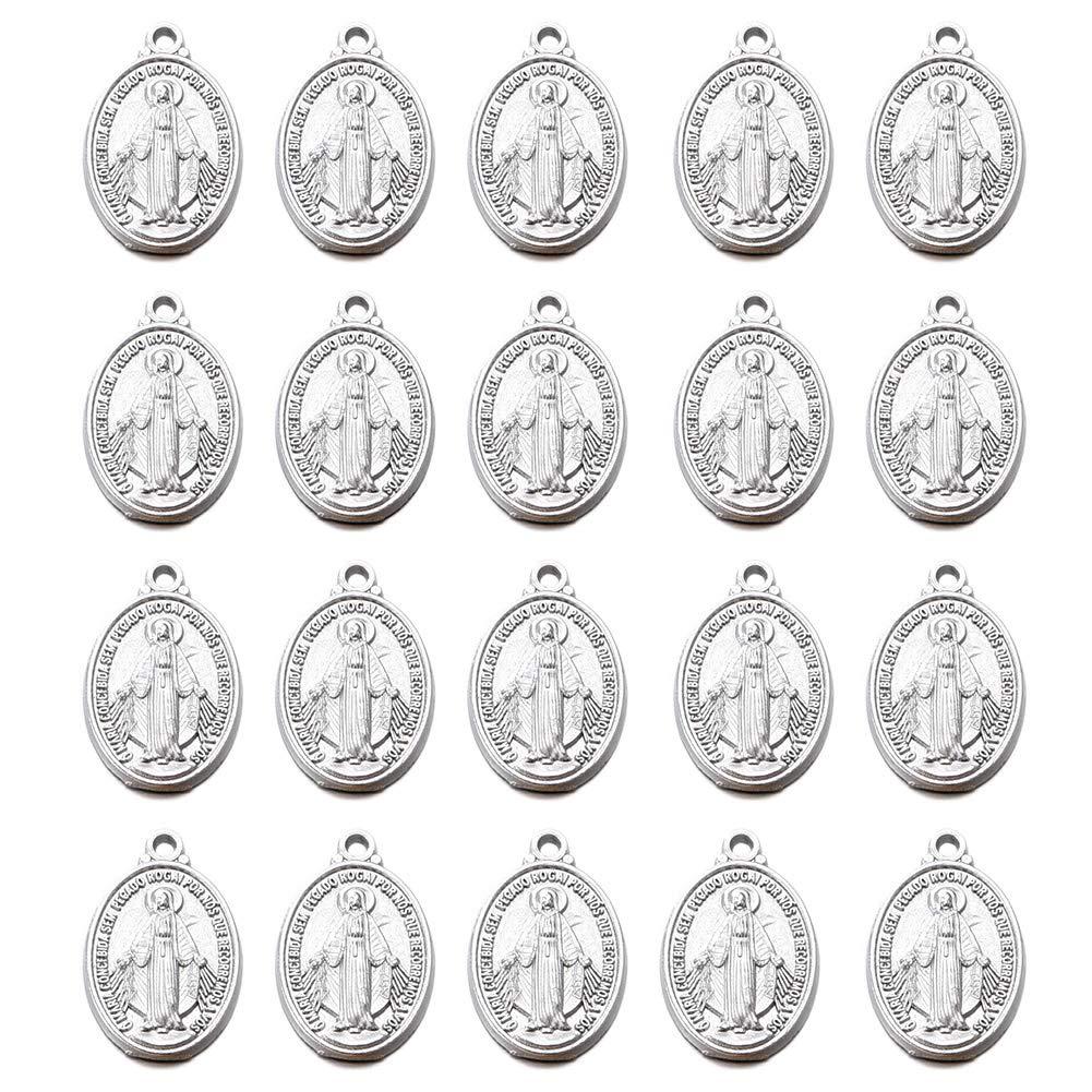 60pcs Our Lady Miraculous Medal Floral Rosary Centerpiece Cross Jesus Virgin Mary Catholic Alloy Crucifix Charms for DIY Jewelry Making 12mmx20mm(A585)