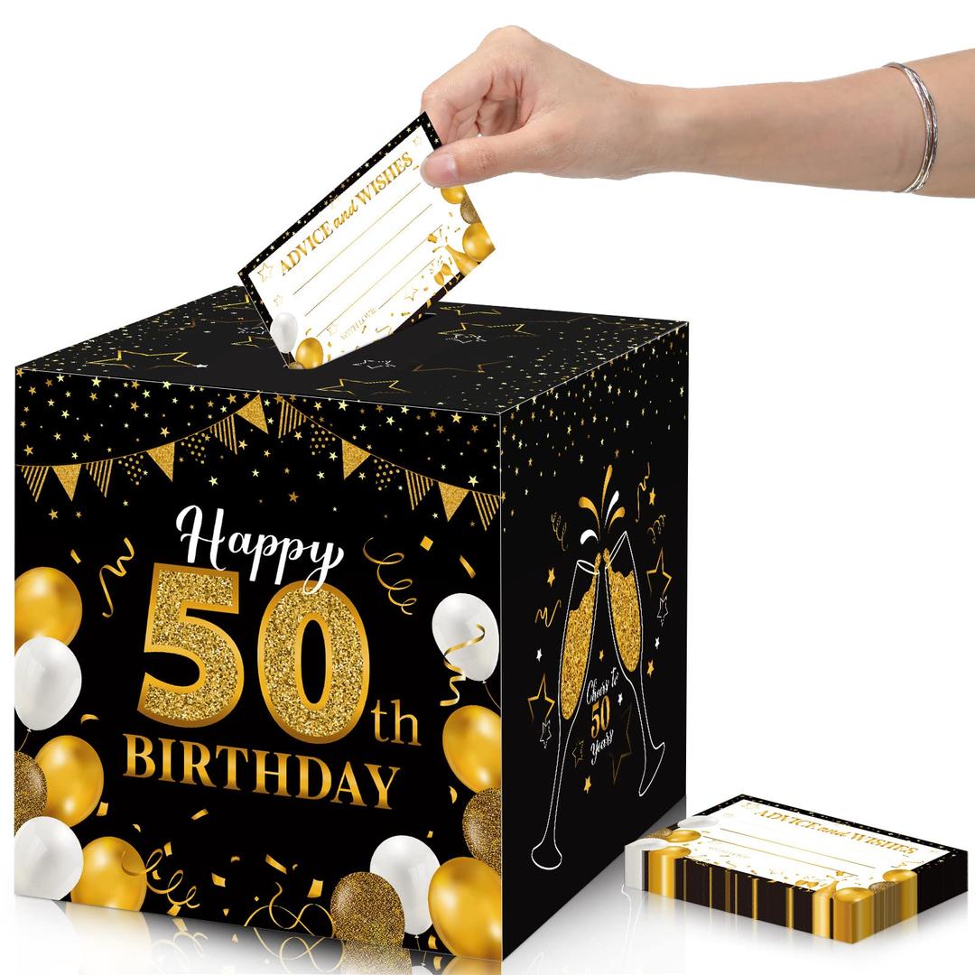 Funrous 50th Birthday Party Message Card Box Cheers to 50 Years Advice and Wishes Card Box for Adults 50th Birthday Decorations Greeting Card Party Supplies 50th Anniversary Decor Tables Sign Decor