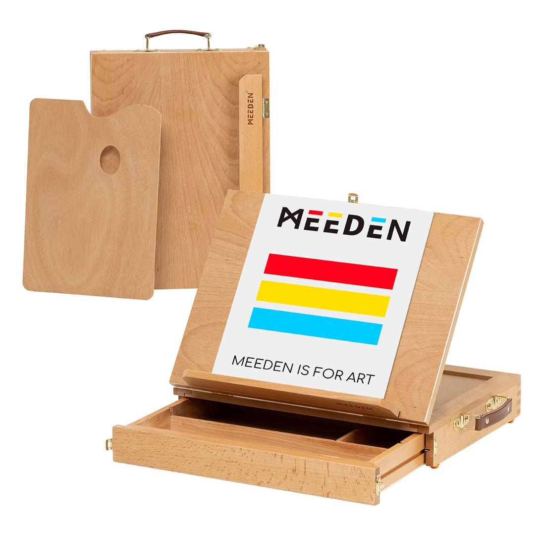 MEEDEN Table Sketch Box Easel -Portable Solid Beech Tabletop Wood Easel Drawing & Sketching Board with Storage Drawer & Palette for Beginner Artist, Art Students & Kids, Canvas up to 11" × 14"