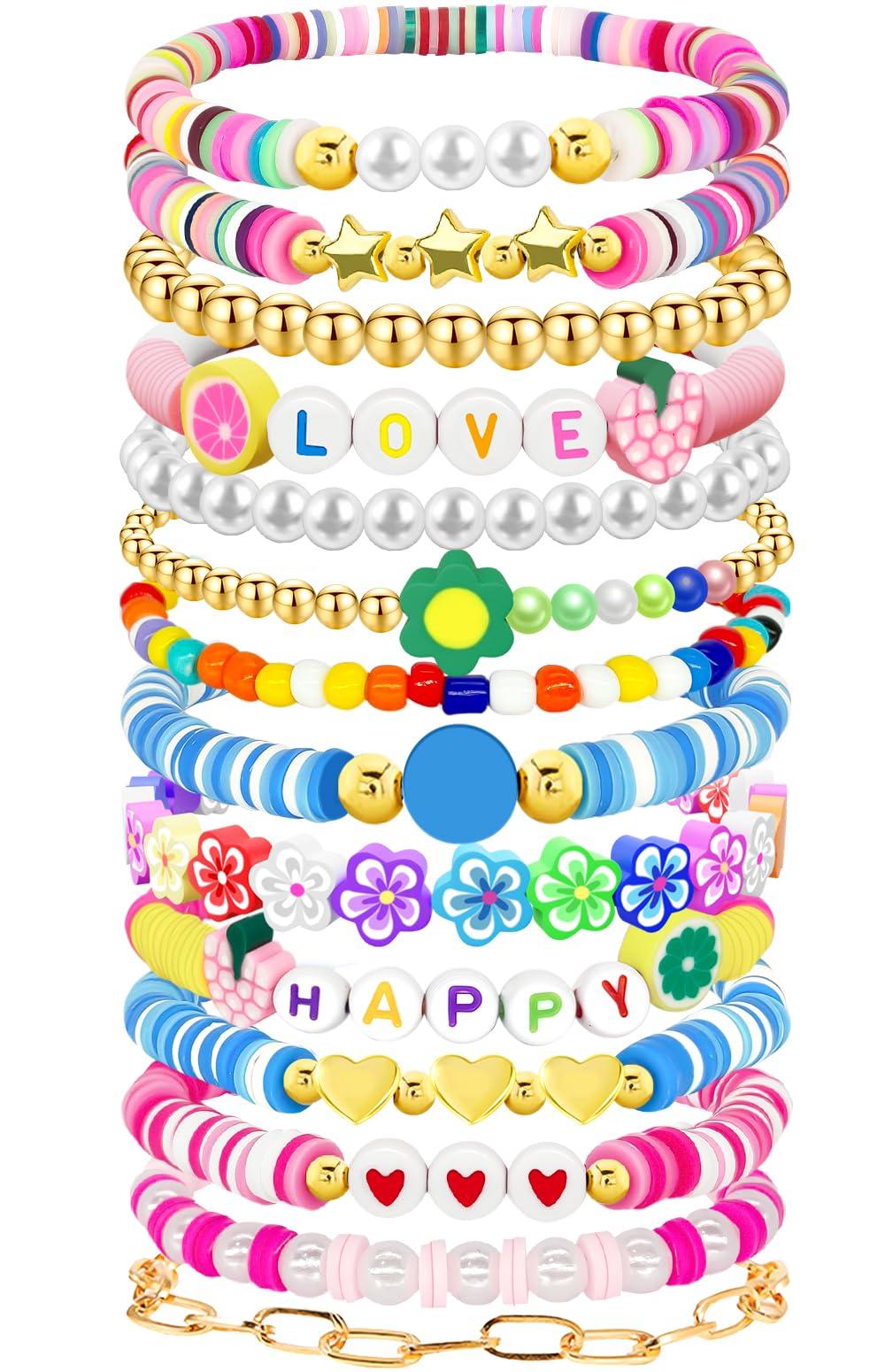 Piovelvt14 Pcs Preppy Friendship Bracelets Set Gifts for Teen Girls 12 14 16 18 13 15 Year Old Colorful Beaded Charm Boho Jewelry for Women Valentine's Day Christmas Birthday Gifts Idears