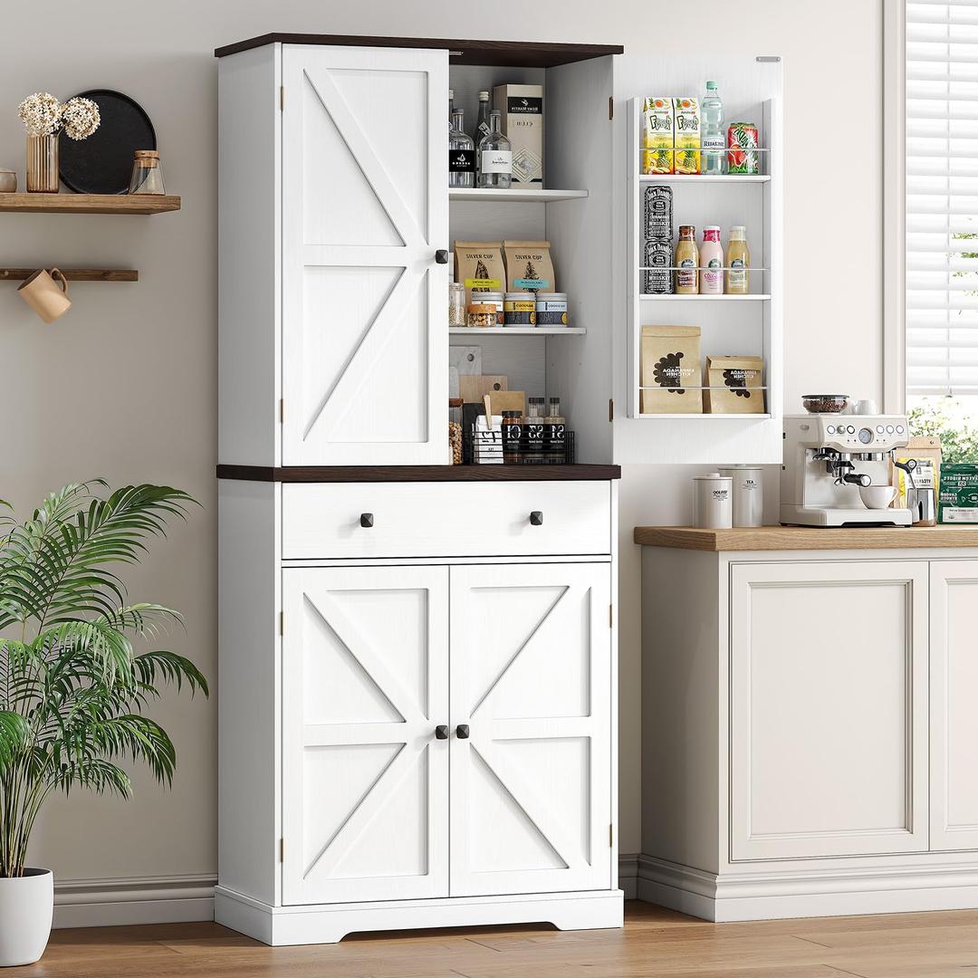 71" Tall Farmhouse Kitchen Pantry with 6 Door Shelves & Drawer, Wood Pantry Storage Cabinet with 2 Adjustable Shelves & 4 Barn Doors, Freestanding Cupboard for Kitchen, Dining Room, White