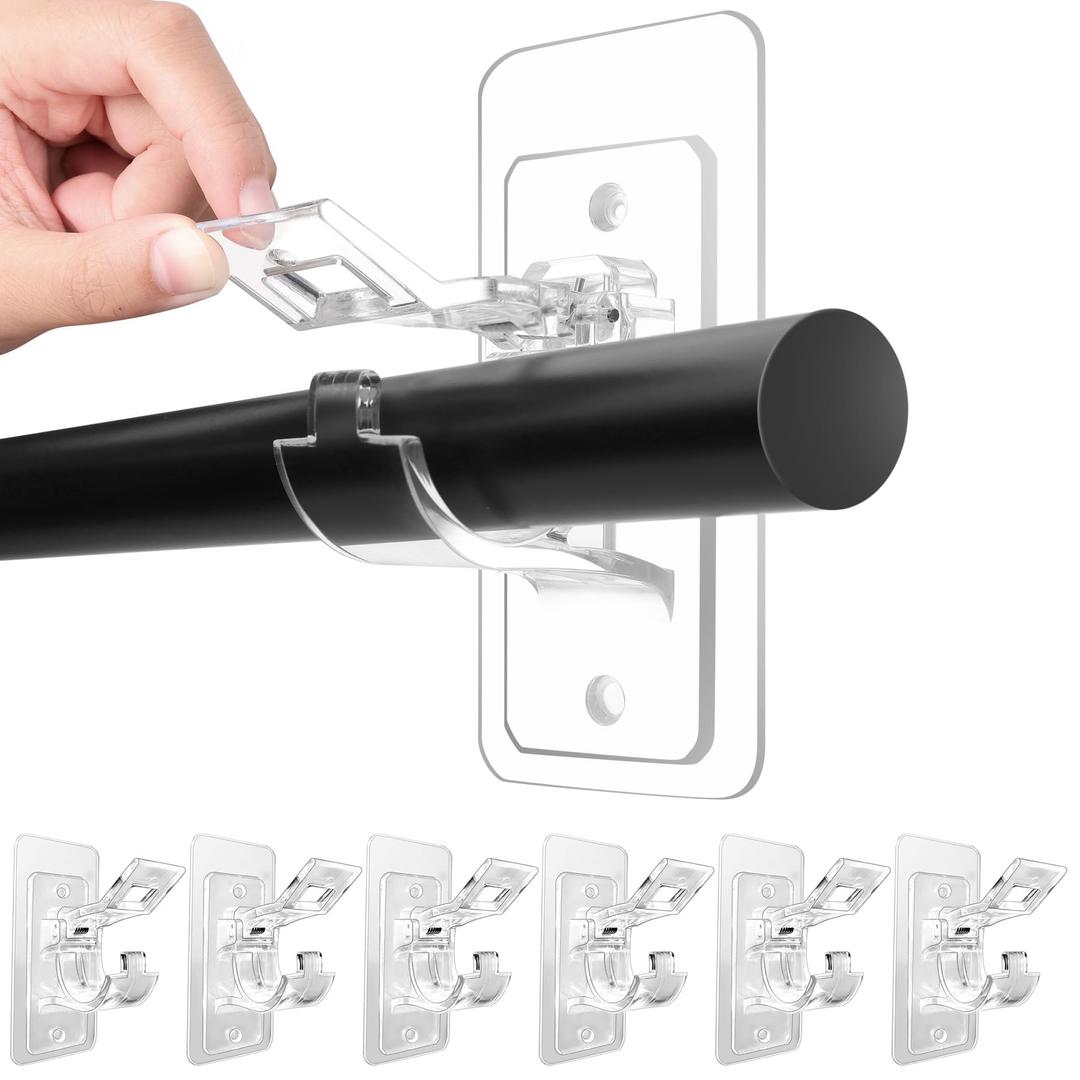 6-Pack No Drill Needed Curtain Rod Holders, Self Adhesive Rod Brackets, Multipurpose Nail Free Stick on Curtain Rod Hooks, Curtain Hangers for Bathroom, Bedroom, Livingroom