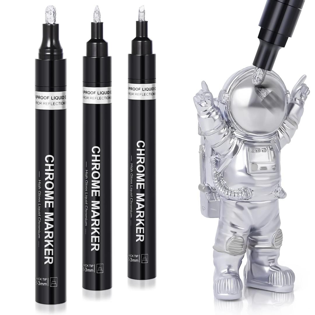 Silver Chrome Paint Marker Pens: Art Liquid Mirror Chrome Paint Pen for Model Painting Metal Plastic Glass Touch Up Repair Kit Car Tire DIY Supplies, Waterproof Reflective Gloss Metallic Markers