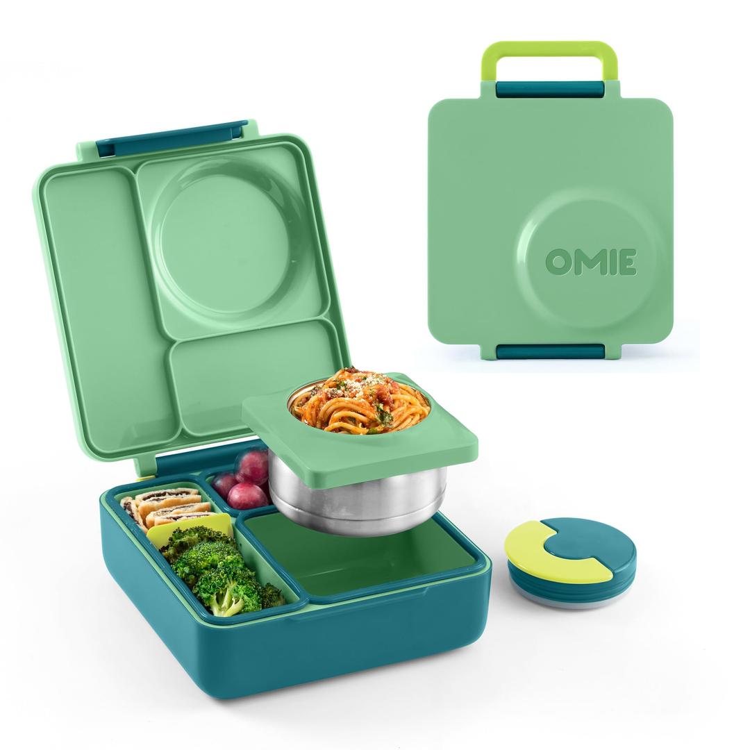 OmieOmieBox Bento Box for Kids - Insulated Lunch Box with Leak Proof Thermos Food Jar - 3 Compartments, 2 Temperature Zones - (Meadow) (Single)