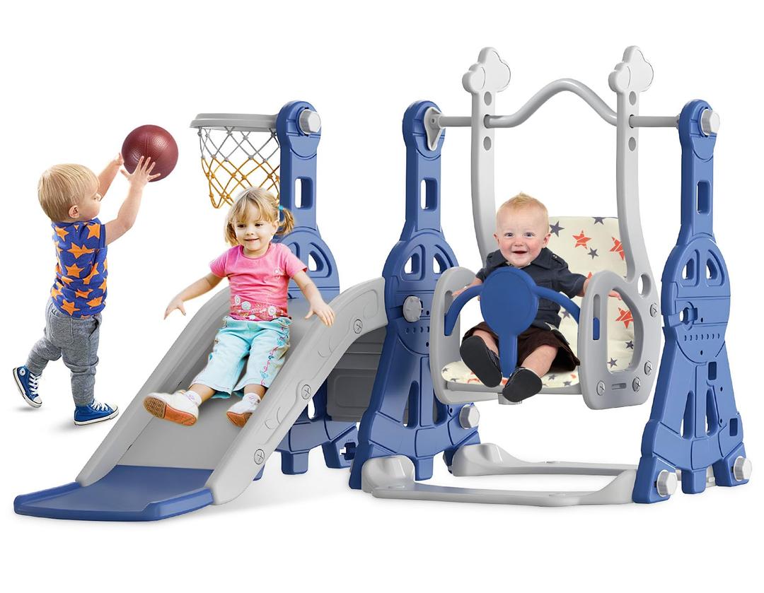 4 in 1 Toddler Slide and Swing Set, Kid Slide for Toddlers Age 1-2, Baby Slide with Basketball Hoop, Indoor Outdoor Slide Toddler Playset Toddler Playground Blue