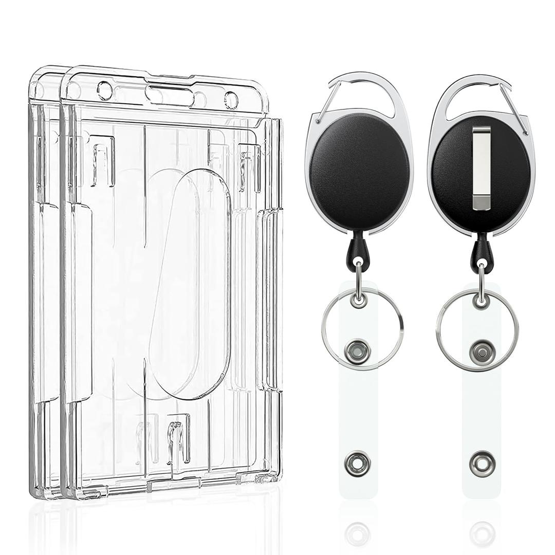 Pawfly 2 Pack Vertical 2-Card Badge Holder with Thumb Slots Hard Transparent PC Case Protector with Retractable Badge Reel Carabiner Clip for IDs Credit Cards Driver’s Licenses and Passes