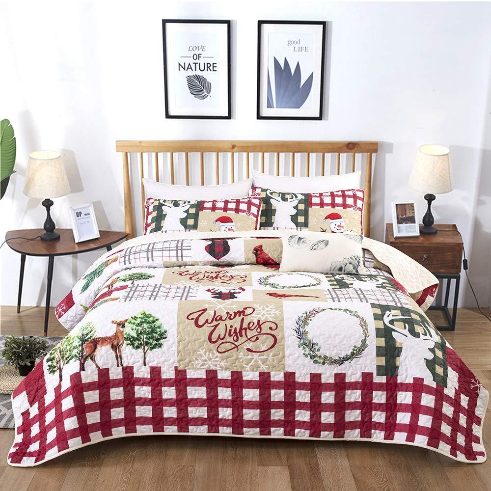 WONGS BEDDING Christmas Quilt Set Queen Rustic Christmas Tree Snowman Holly Holiday Wreath Pattern Bedding Quilted Bedspread Coverlet with 2 Pillowcases for All Seasons, Soft Microfiber Quilt 90"x96"