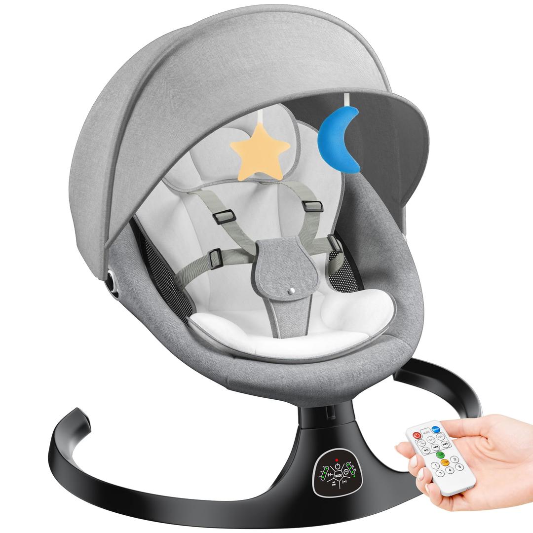 Electric Baby Swing for Infants, Baby Rocker for Infants with 5 Speeds, 10 Lullabies, Adapter & Battery Operated, Indoor & Outdoor Use, Remote Control, Gray