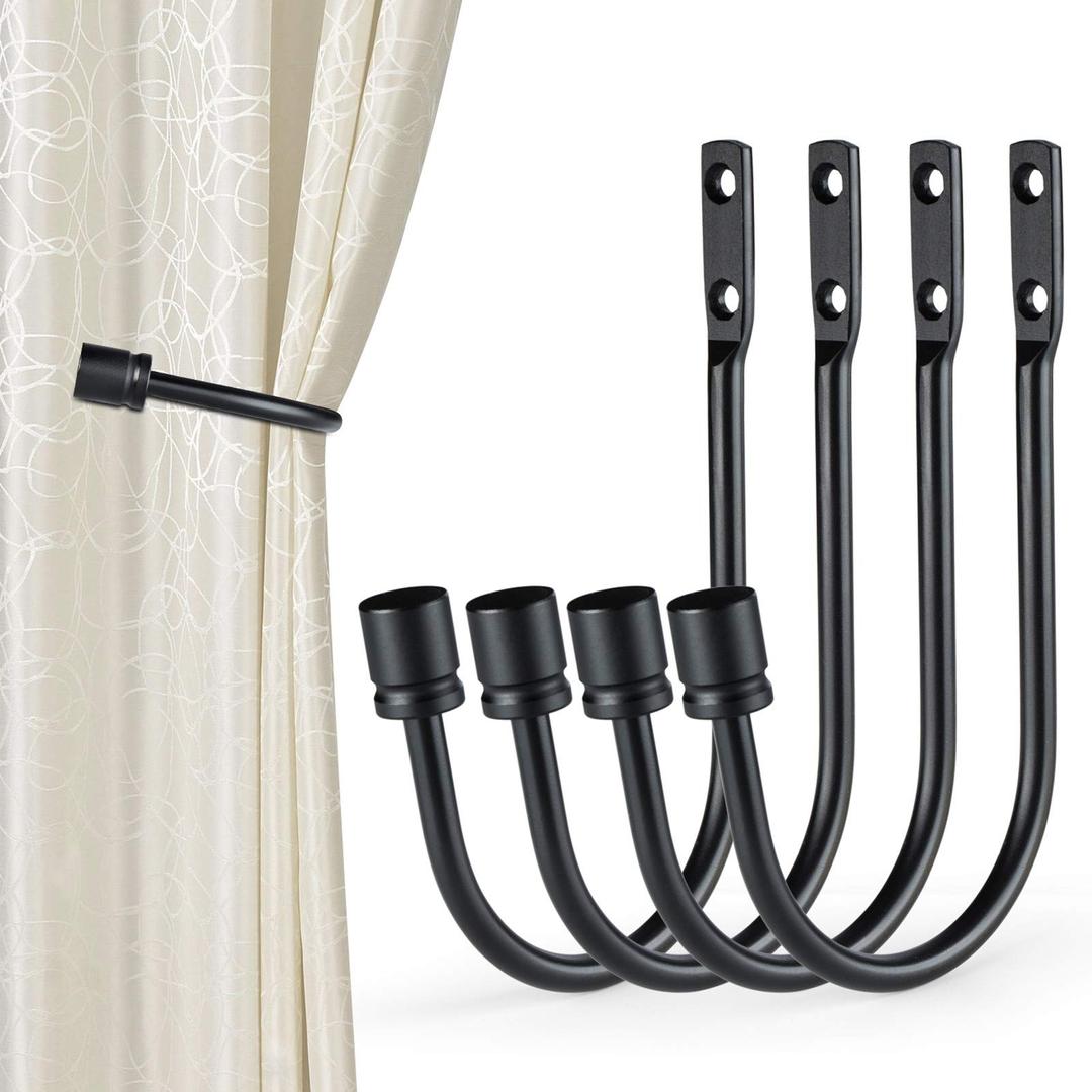 Curtain Holdbacks, 4PCS U Shaped Hook Wall Mounted Tassel Curtain Tieback Hook Drapery Tiebacks Curtain Accessories (Black