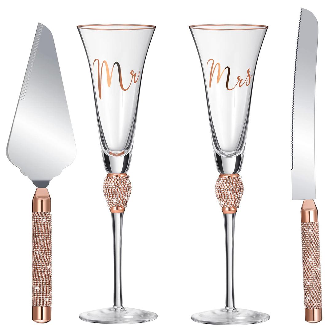 Boao 4 Piece Wedding Toasting Flutes and Cake Server Set Wedding Reception Supplies Champagne Glasses Cake Knife Pie Server (Rose Gold)