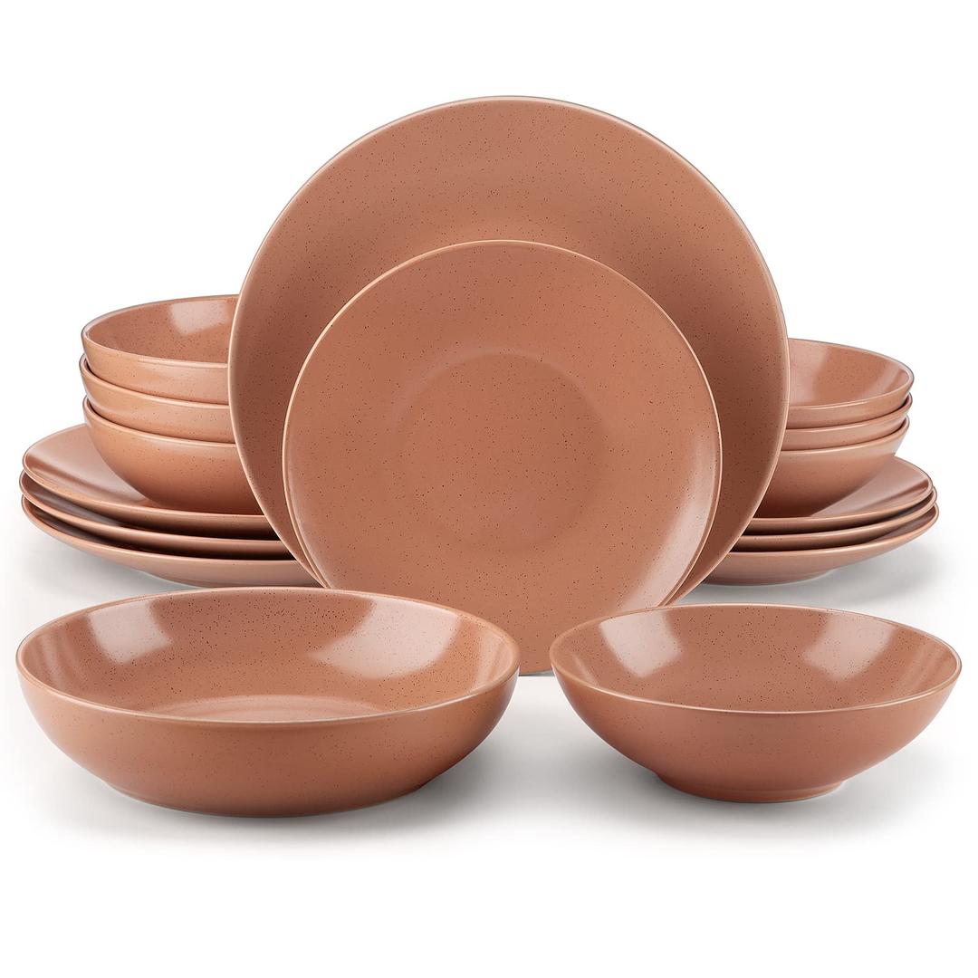 vancasso Sabine Dinnerware Sets, 16 Pieces Stoneware Round Plates and Bowls Set, Semi-matte Dishes Set Service for 4, Dishwasher and Microwave Safe, Terracotta