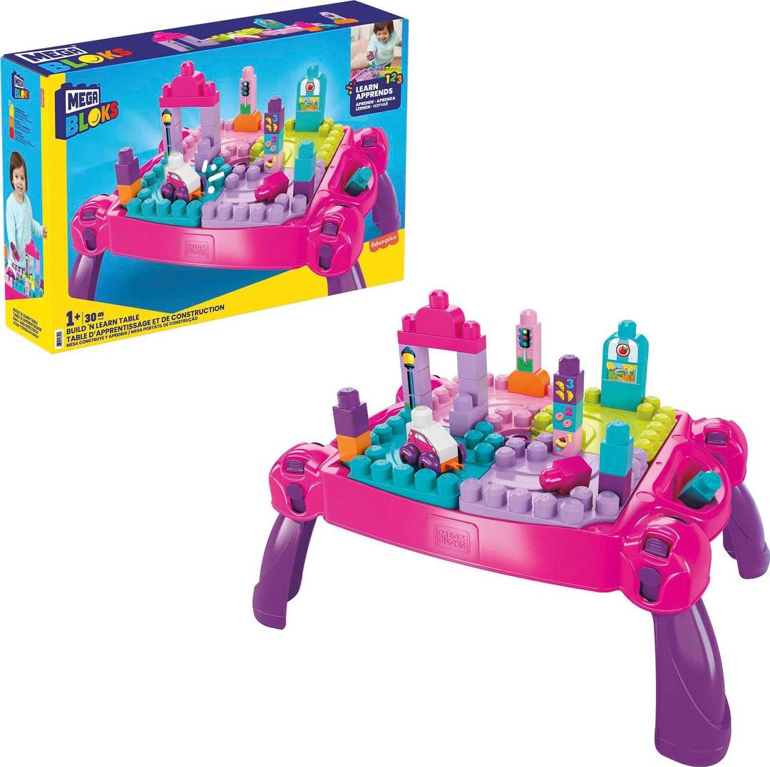 MegaBLOKS First Builders Toddler Blocks Toy Set, Build ‘n Learn Activity Table with 30 Pieces and Storage, Pink, Ages 1+ Years (Amazon Exclusive)