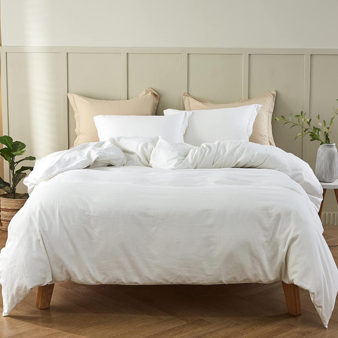 Simple&OpulenceFrench Linen Duvet Cover Set 104"x 92"- 3 Pieces (1 Comforter Cover,2 Pillowcases)-Natural Flax Cotton Blend-Solid Color Breathable Farmhouse Bedding-Off White, King