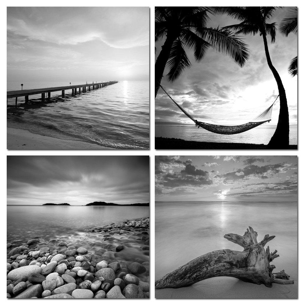 sechars - Black and White Beach Pictures Wall Art Sunrise on Sea Scenery Painting Giclee Canvas Print Stretched for Bathroom Room Living Room Office Wall Decoration