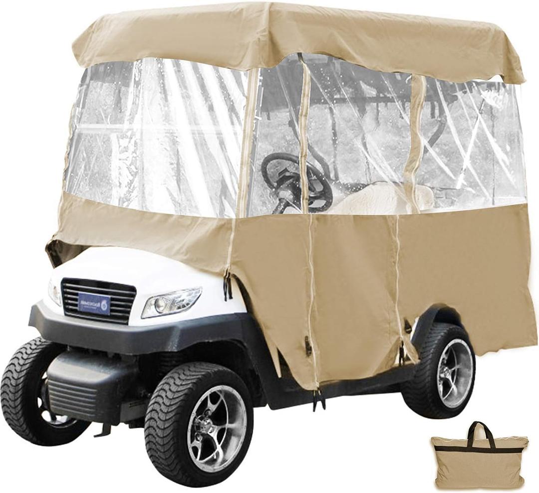 Golf Cart Cover 4-Person Golf Cart Enclosure 600D Waterproof Driving Enclosure 360° Panoramic Transparent Window 4 Sides Zipper Doors Portable