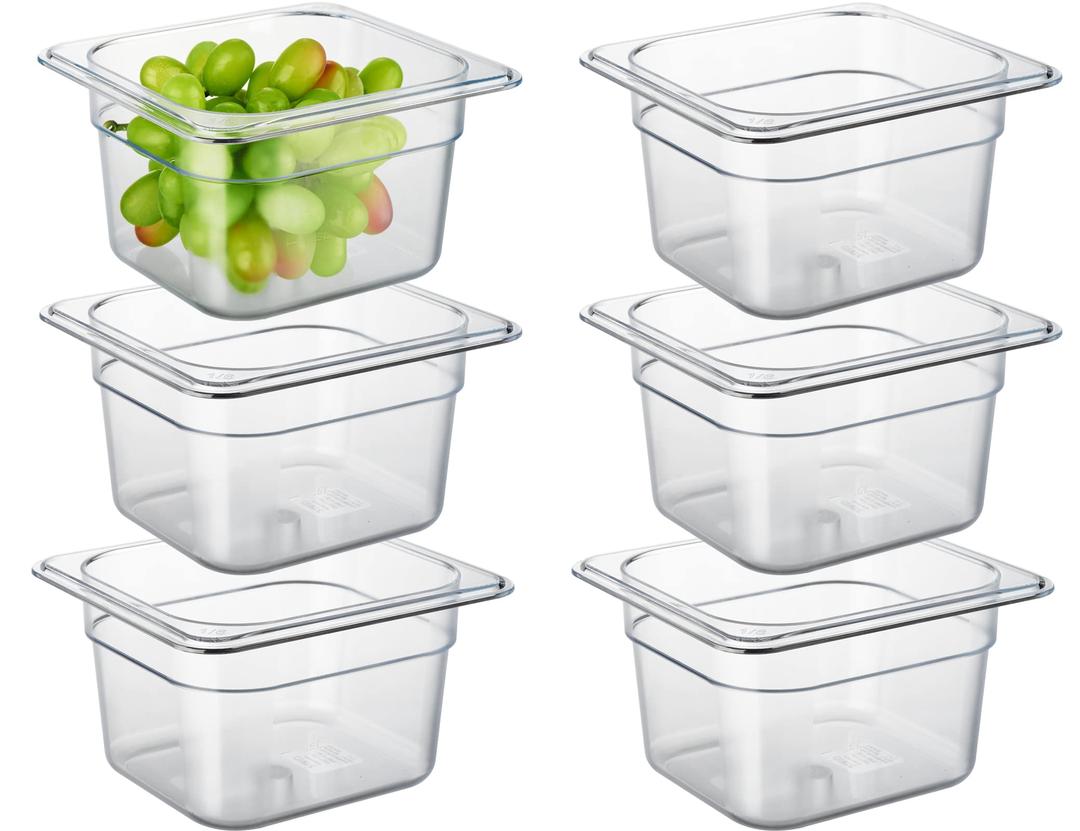 CURTA 6 Pack NSF Food Pans, 1/6 Size 4 Inch Deep Commercial Food Storage Containers, Polycarbonate, Clear