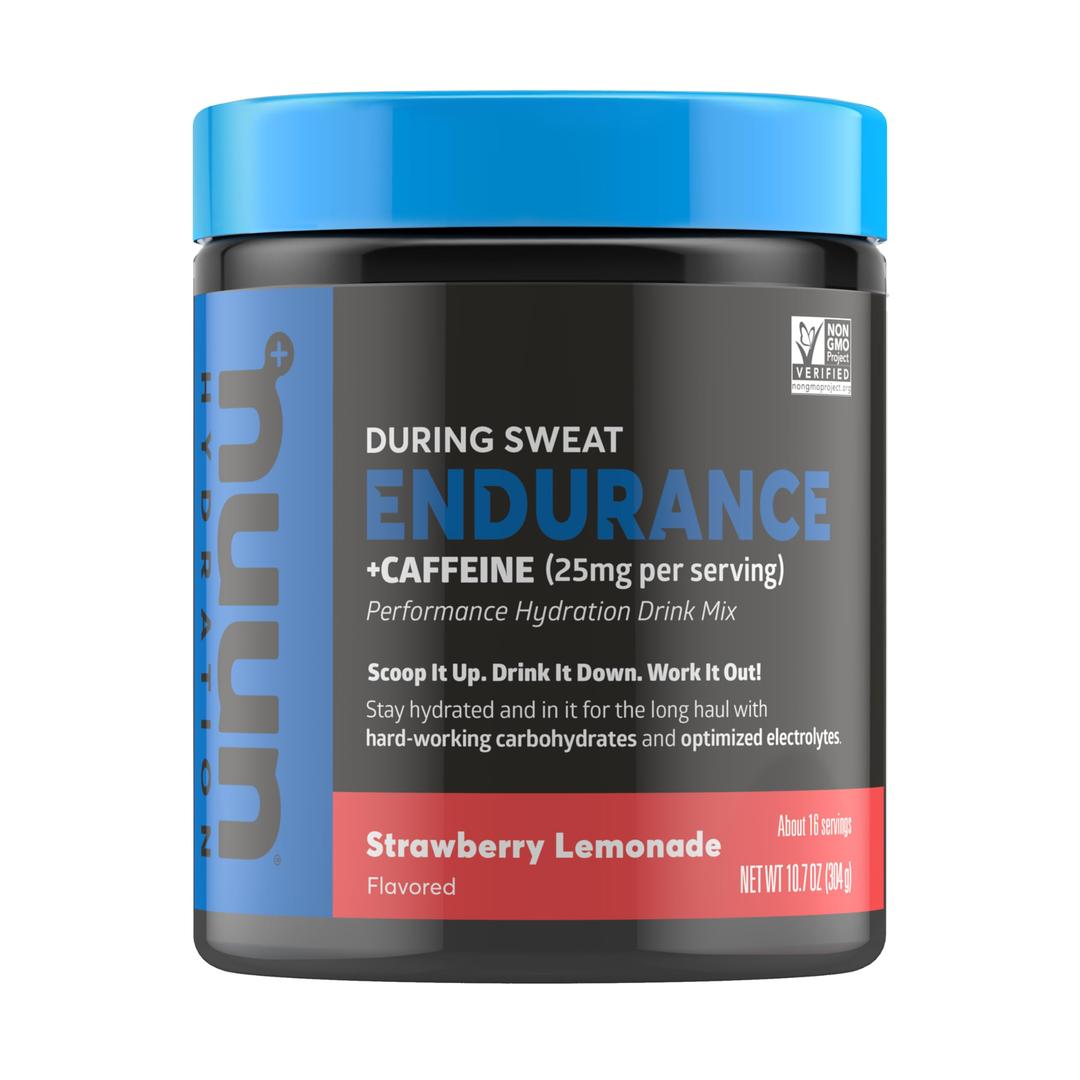 Nuun Hydration Endurance Powder, Strawberry Lemonade + Caffeine, Workout Support, 5 Essential Electrolytes for Hydration + Carbohydrates, Vegan, Non-GMO, (16 Servings - Canister)