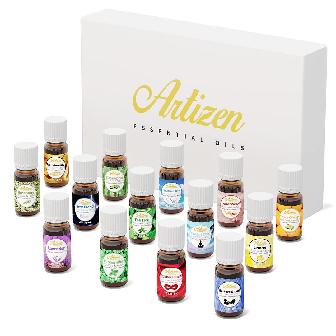 Artizen Top 14 Essential Oil Set for Diffuser, Aromatherapy and Candle Making - Fall Holiday Fragrance Scents with Lavender, Frankincense, Eucalyptus Oils and More