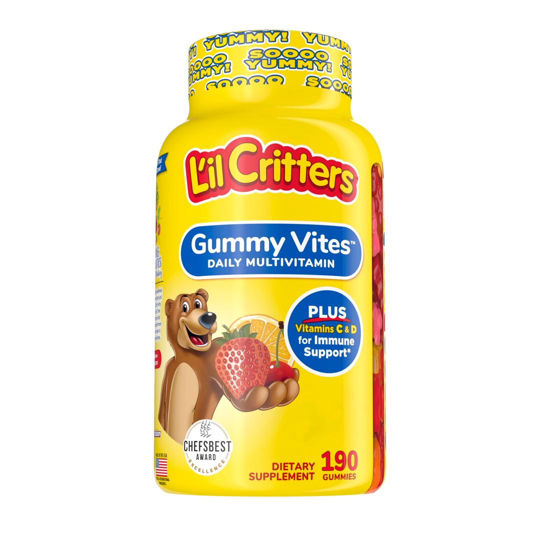 L'il Critters Gummy Vites Daily Kids Gummy Multivitamins Assorted Fruit Flavors for Ages 2+ Toddlers & Kids, Gummy Vitamin with Vitamin C and D, 95-190 Day Supply, 190 Gummies