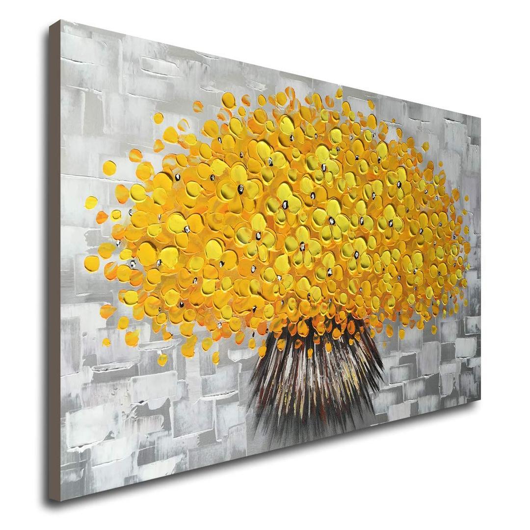 Winpeak Art Hand Painted Modern Textured Yellow Flower Oil Painting on Canvas Abstract Floral Artwork