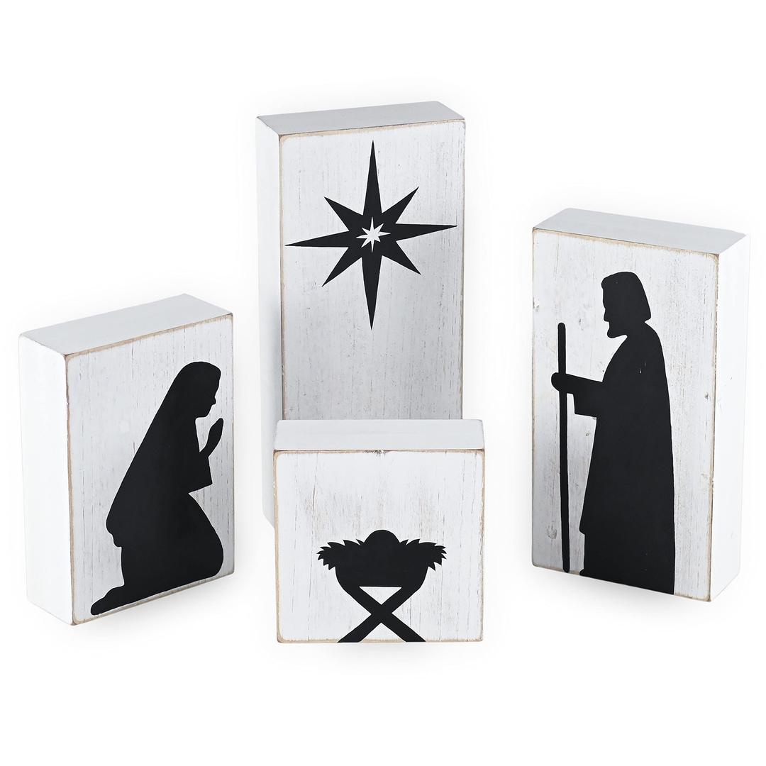 Ornativity Wooden Block Nativity Scene - Black Xmas Silhouette Christmas Figures on White Painted Wood Blocks Indoor Nativity Table Top Shelf Sitter Mantle Centerpiece Set Decorations - 1 set