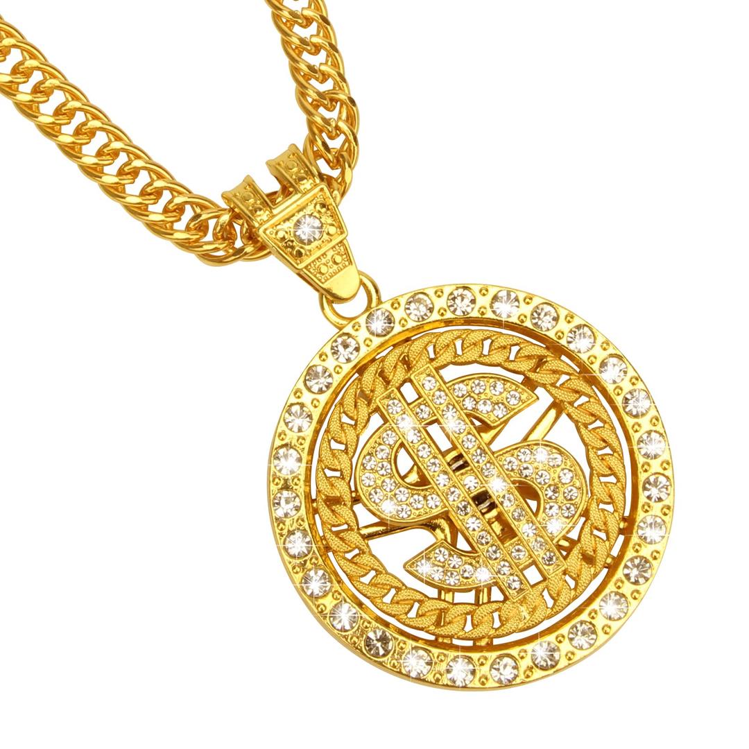 AHIERGold Necklace Chain with Dollar Sign, 18K Gold Plated Hip Hop Chain Necklace Pendant for Men, 30inch (Rotatable,Lion Head)