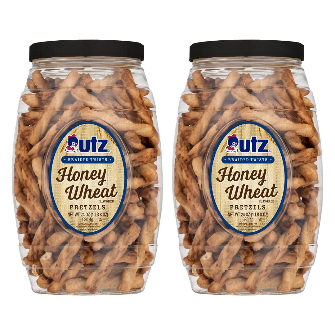 Utz Braided Honey Wheat Pretzel Twists – 24 oz Barrel (2 Count) – Sweet Honey Taste, Thick, Crunchy Pretzel Twists, Perfect for Dipping and Snacks, Zero Cholesterol Snack Food, Brown