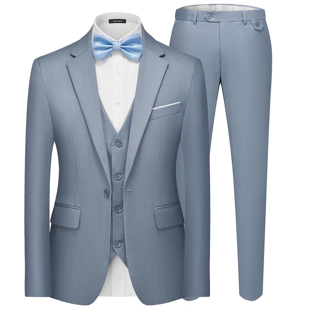 MAGE MALE Men's 3 Pieces Suit Elegant Solid One Button Slim Fit Single Breasted Party Blazer Vest Pants Set